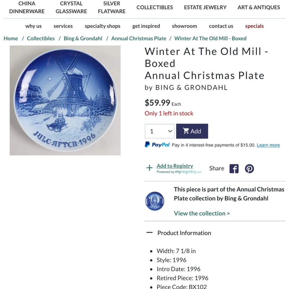 Bing & Grondahl Winter at the Old Mill collector plate